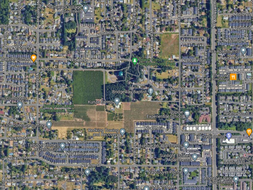 A google maps overview shot showing Kunze Farm surrounded by subdivisions
